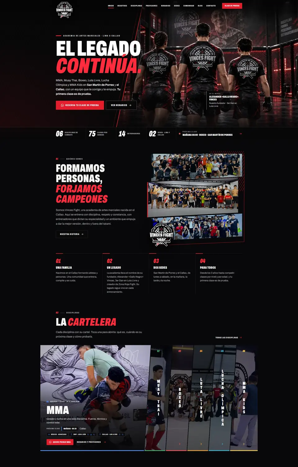Página web de Vinces Fight Training Center, hecha por WebClicStudio